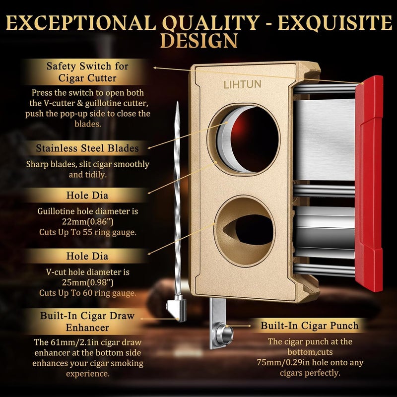 LIHTUN Cigar Cutter Guillotine 4 in 1 One Touch Straight Cut V Cutter with Cigar Punch Cigar Draw Enhancer, Gift for Men, Stainless Steel Double Blade Cigar Clippers, Cuts Up to 60 Ring Gauge Cigars - Image 2
